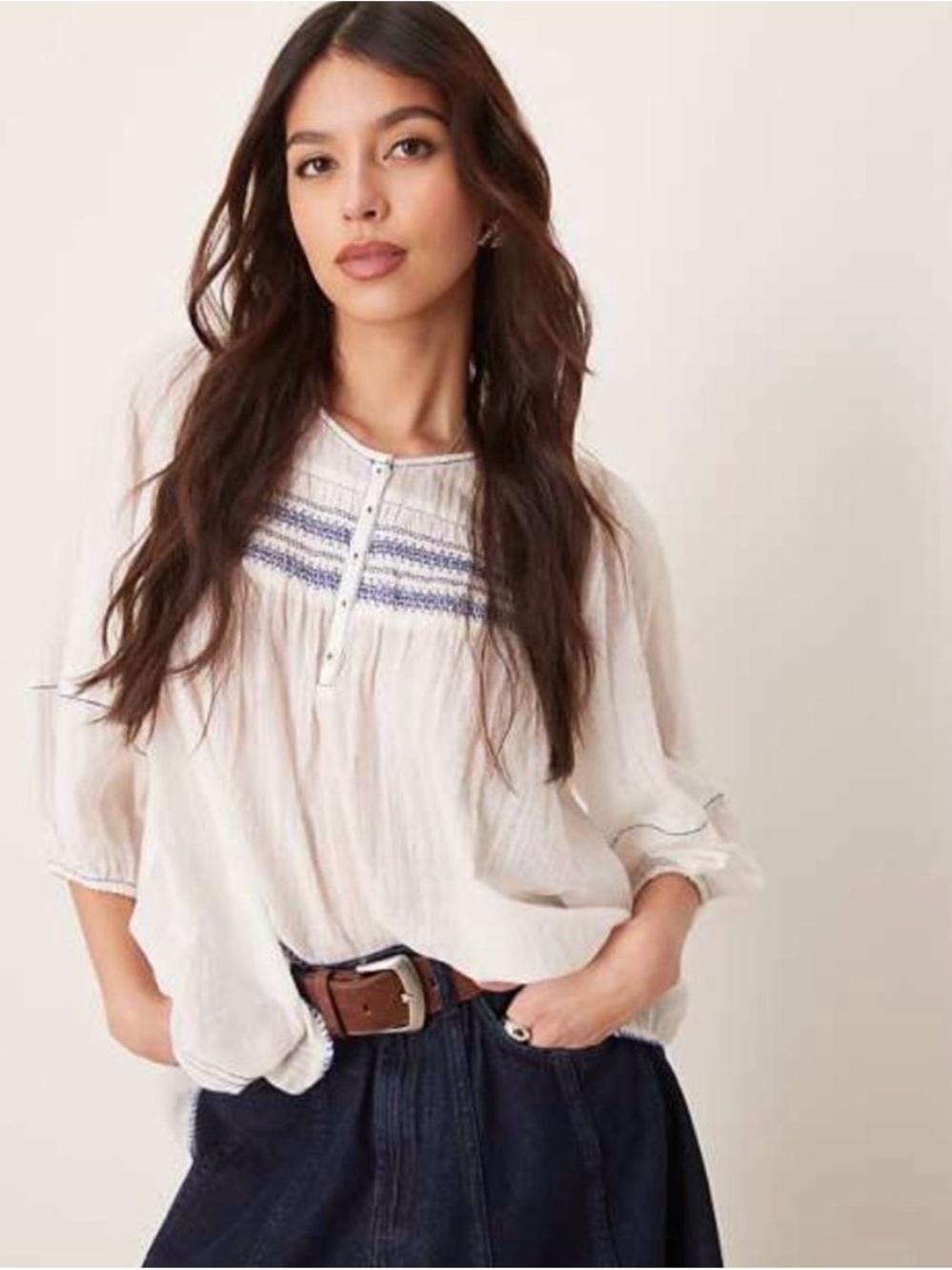 Free People Women's Smocked Tunic Top in Ivory Combo NWT Size XS